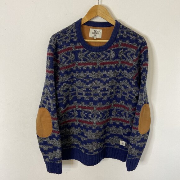 Bellfield Wool Blend Sweater Men M Knit Crew Neck Elbow Patches Blue - Picture 1 of 8